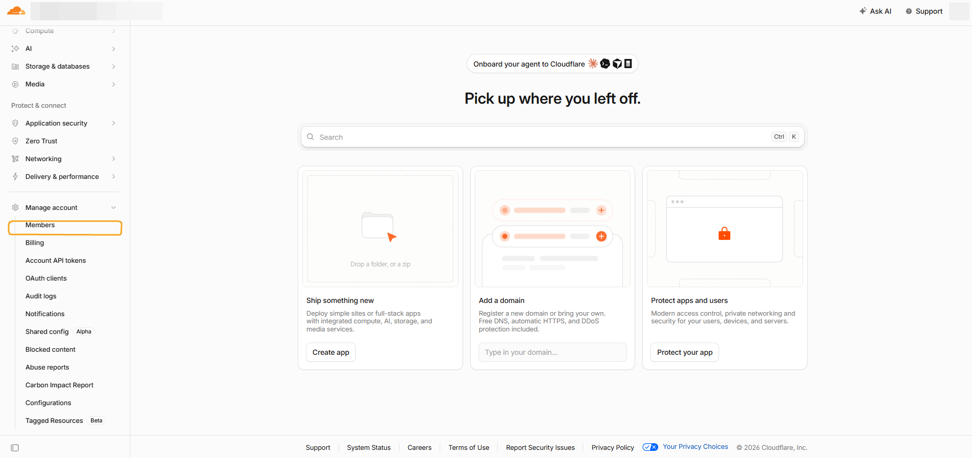 Cloudflare dashboard with Manage Account expanded and Members highlighted in the left sidebar