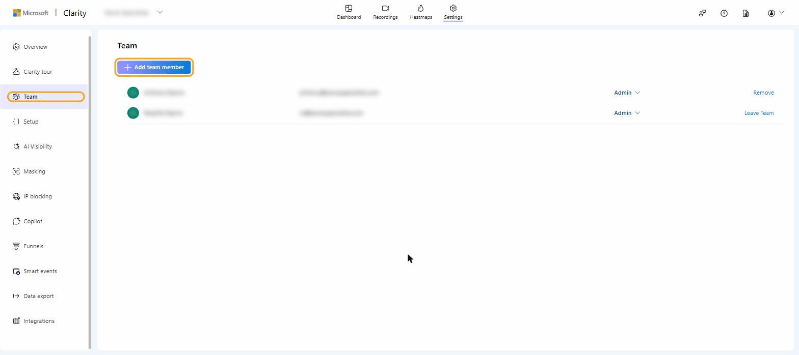 Microsoft Clarity project settings with the Team section highlighted