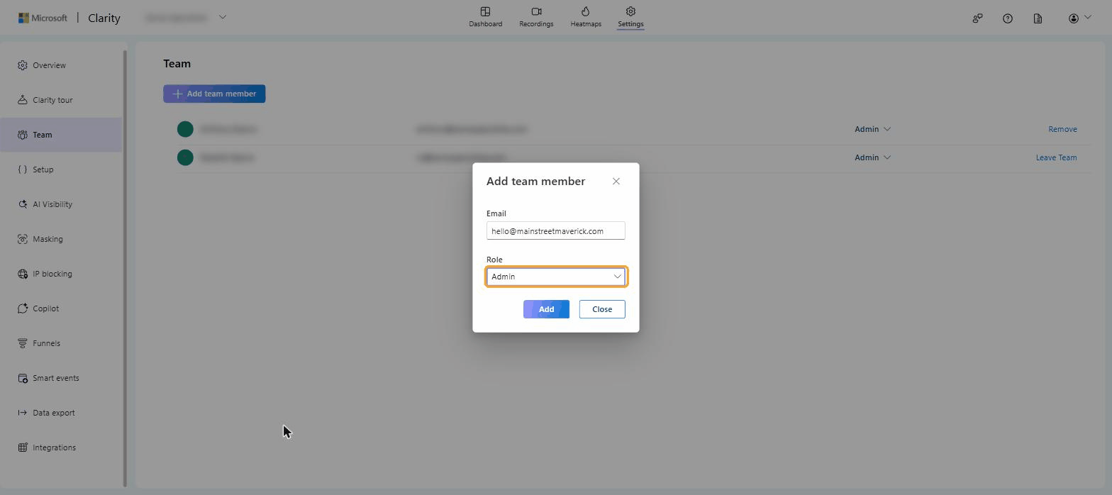 Add team member dialog with the email entered and Admin role selected