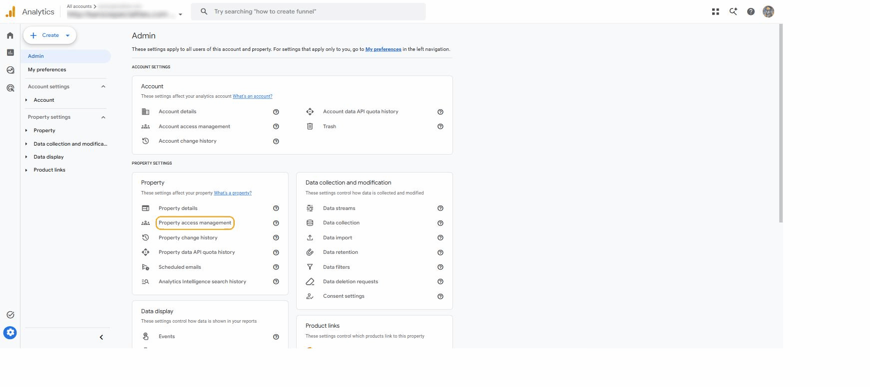 Google Analytics Admin screen with Property access management highlighted