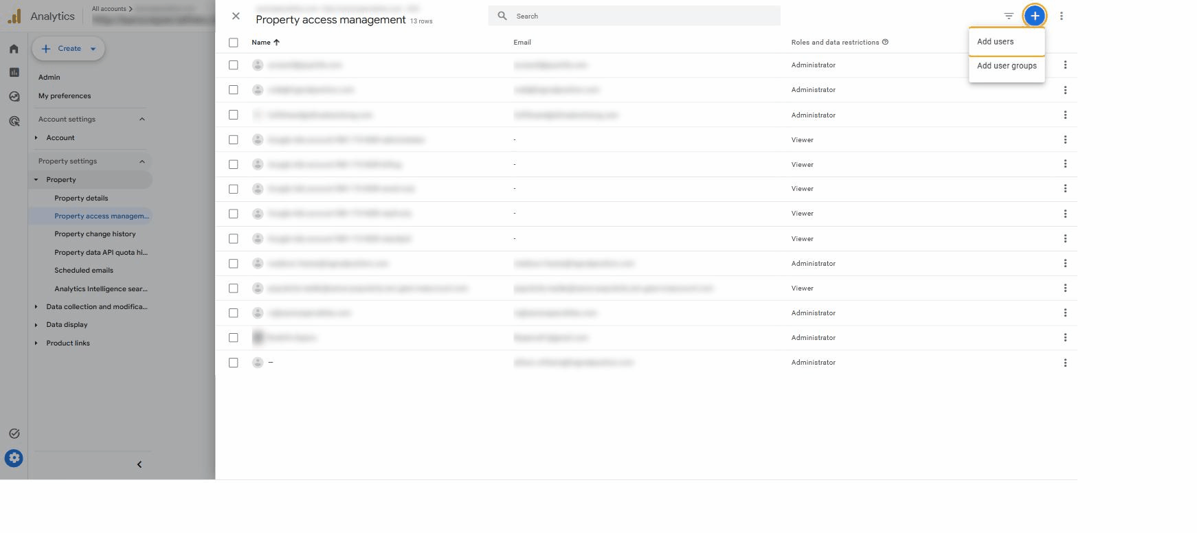 Property access management panel with the plus and Add users buttons highlighted