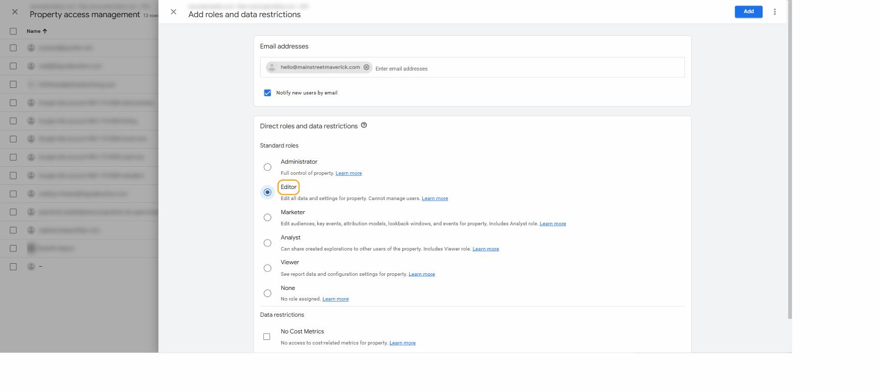 Add roles dialog with the email entered and Editor role selected