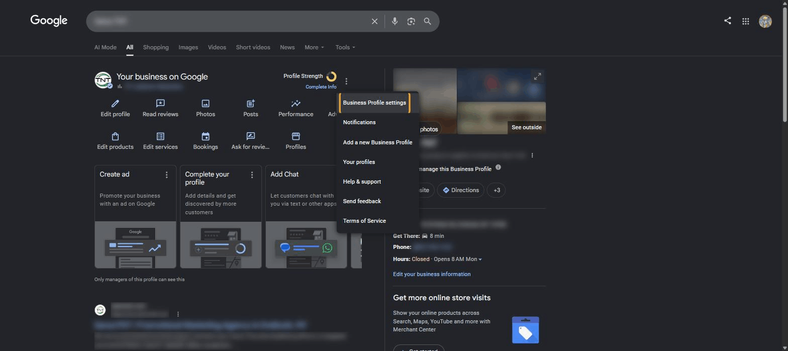 Google Business Profile three-dot menu open with Business Profile settings highlighted