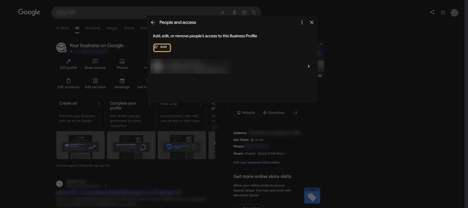 People and access screen with the Add button highlighted