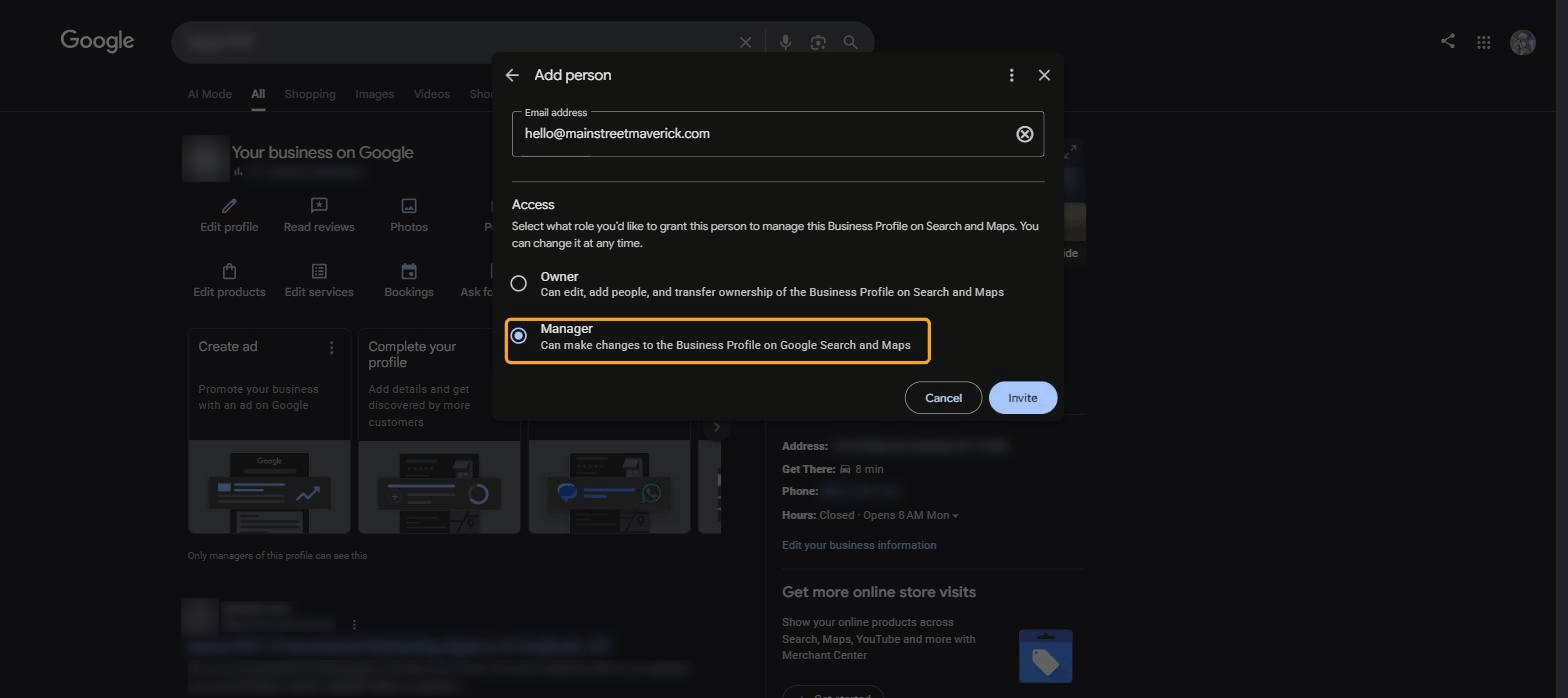 Add people dialog with the email entered and Manager role selected