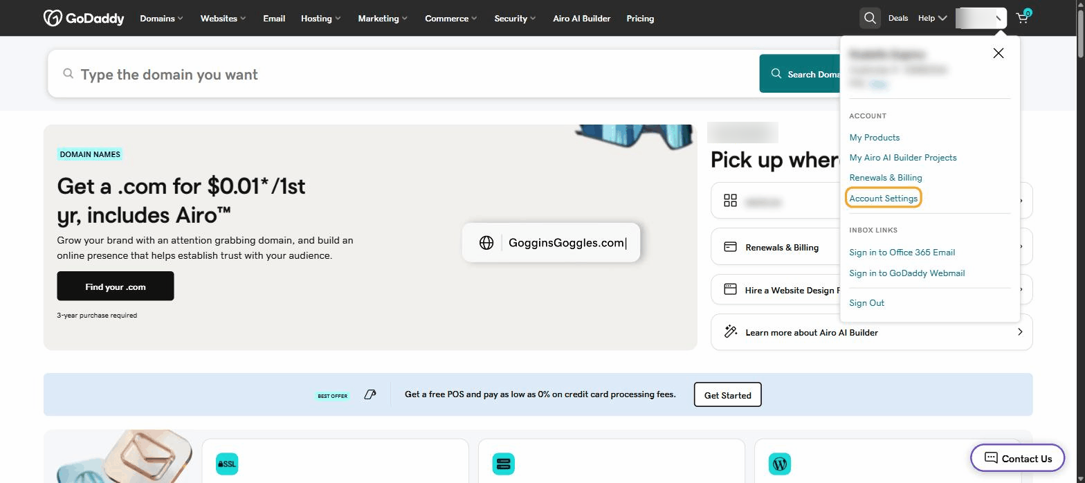 GoDaddy account menu open with Account Settings highlighted