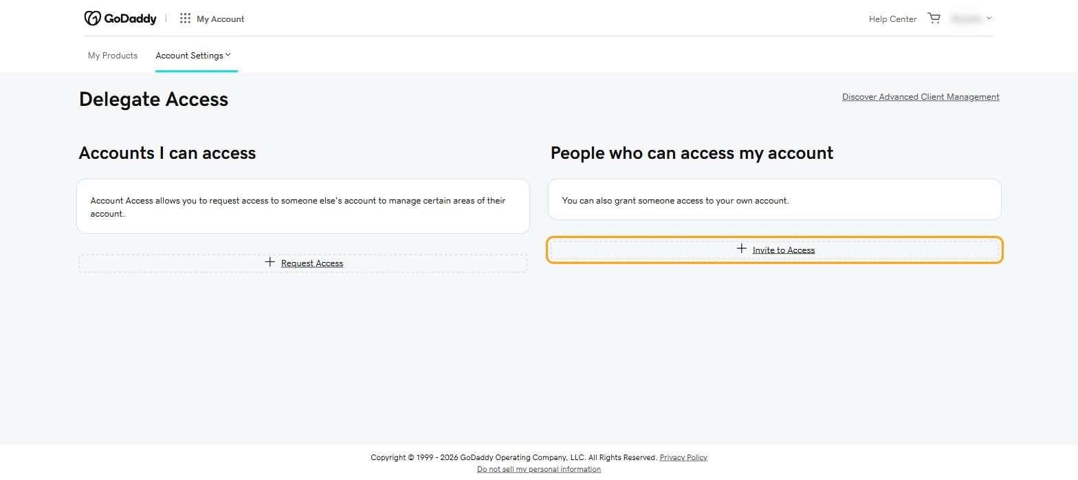 GoDaddy Delegate Access page with Invite to Access highlighted