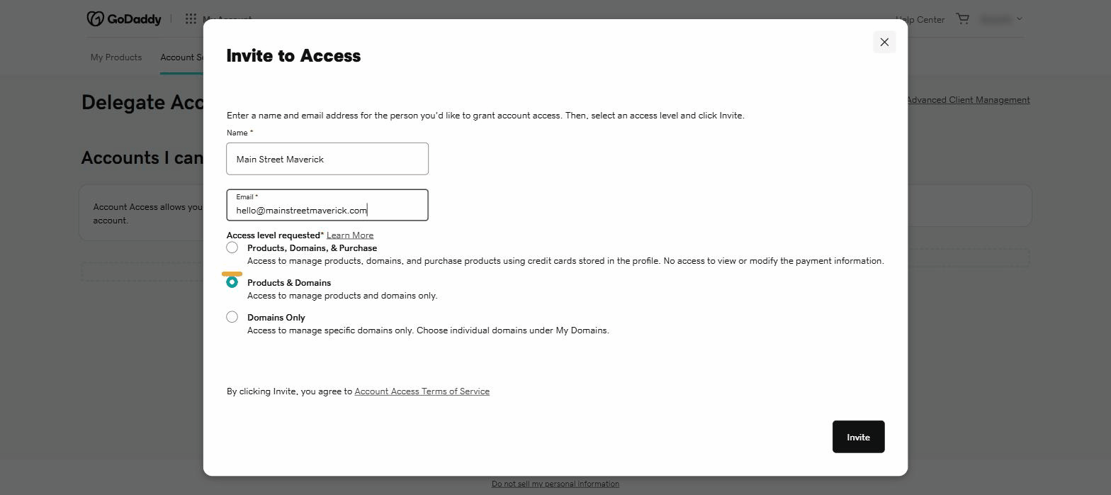 GoDaddy invite form filled out with the Products and Domains access level selected