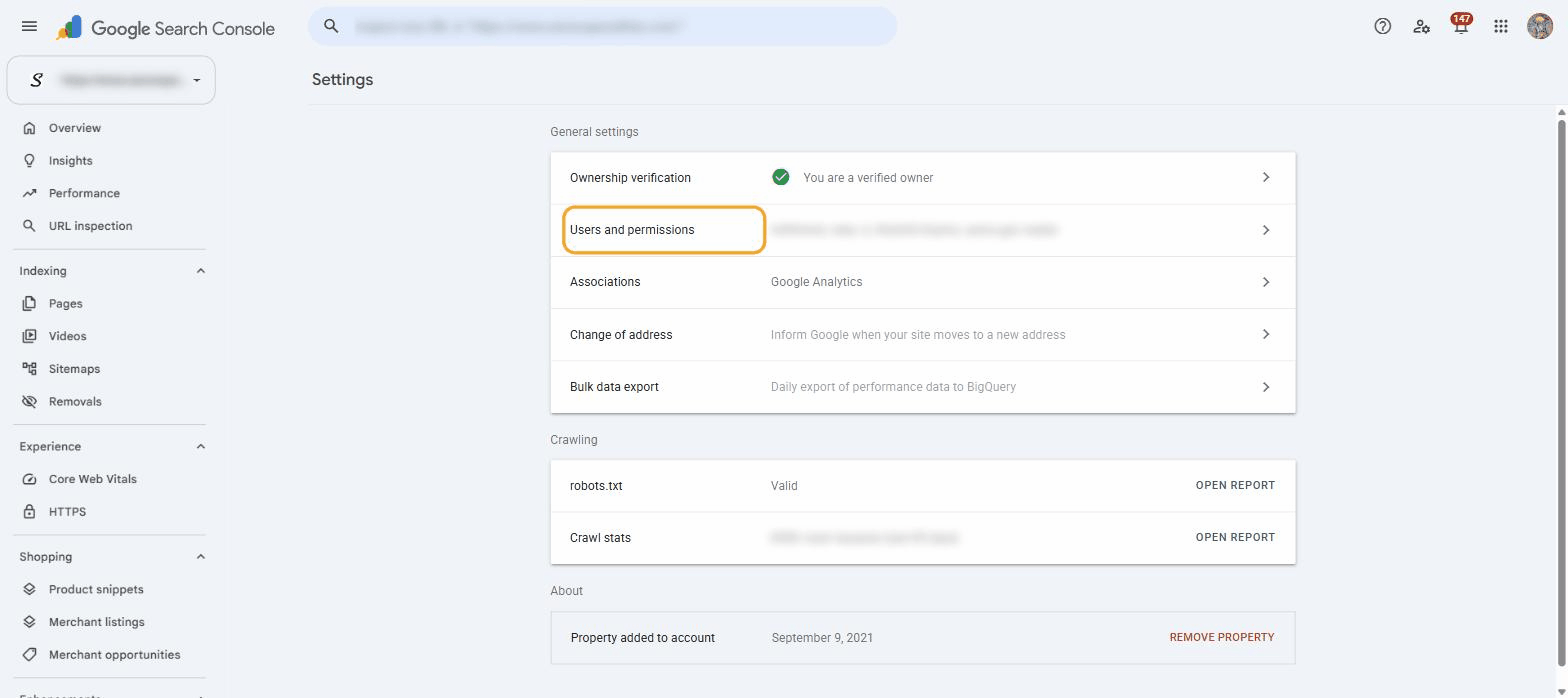 Search Console Settings screen with Users and permissions highlighted