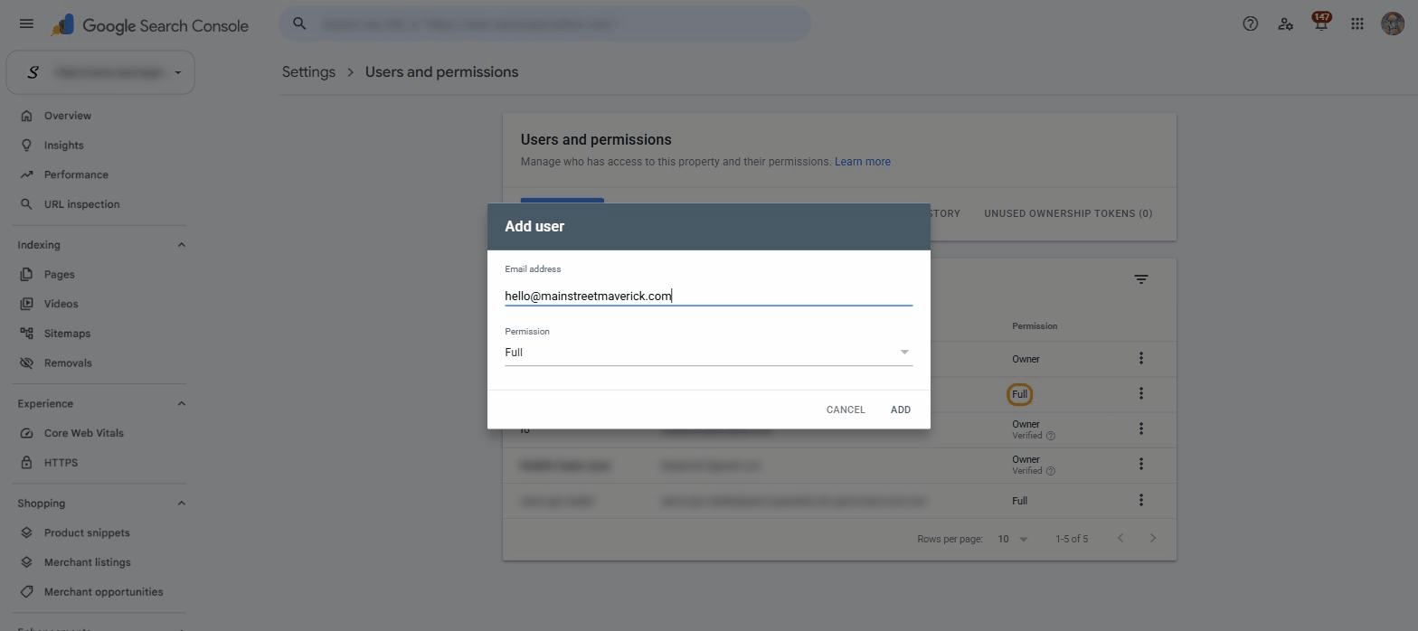 Add user dialog with the email entered and Full permission selected
