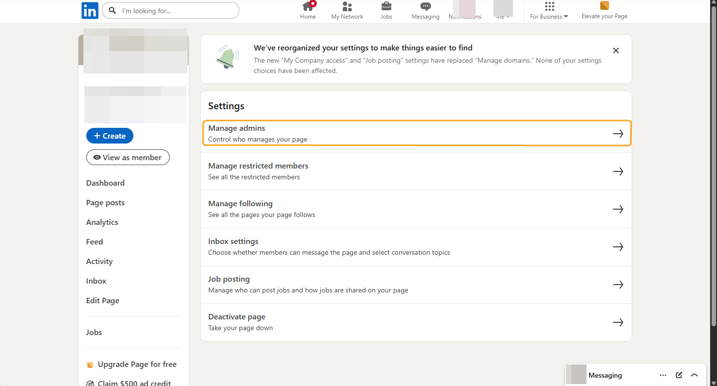 LinkedIn company Page admin settings screen with Manage admins highlighted