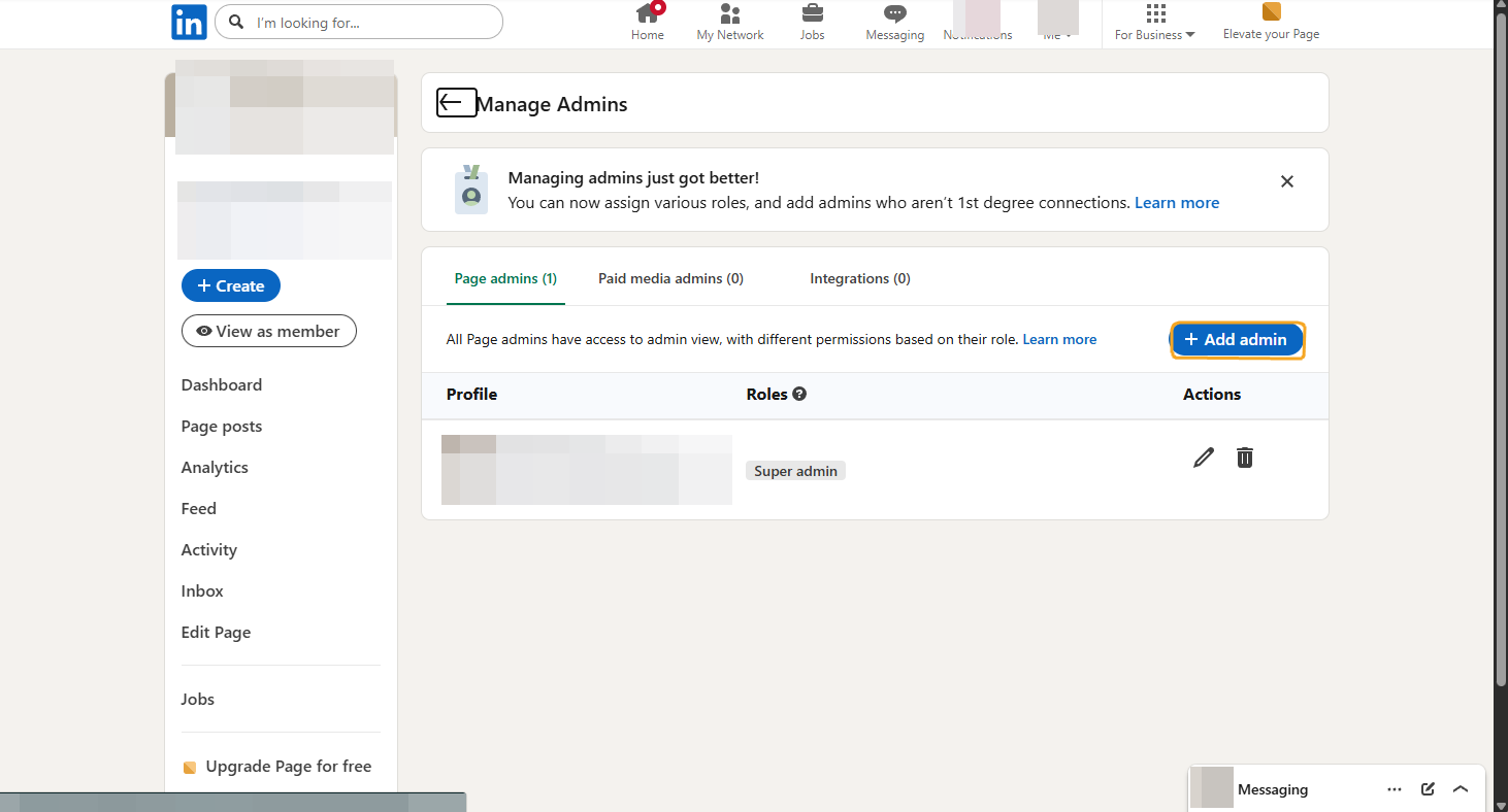 LinkedIn Manage Admins screen with the Add admin button highlighted