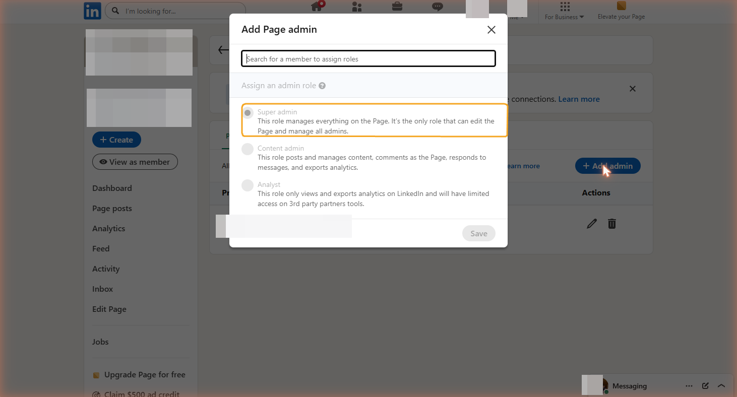 Add Page admin dialog with the member search field and the Super admin role option
