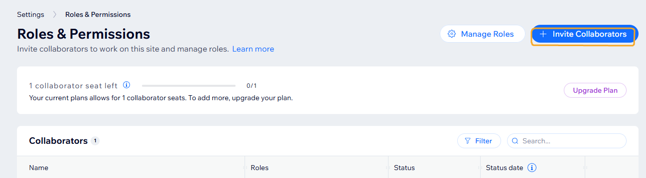 Wix Roles and Permissions page with the Invite Collaborators button highlighted
