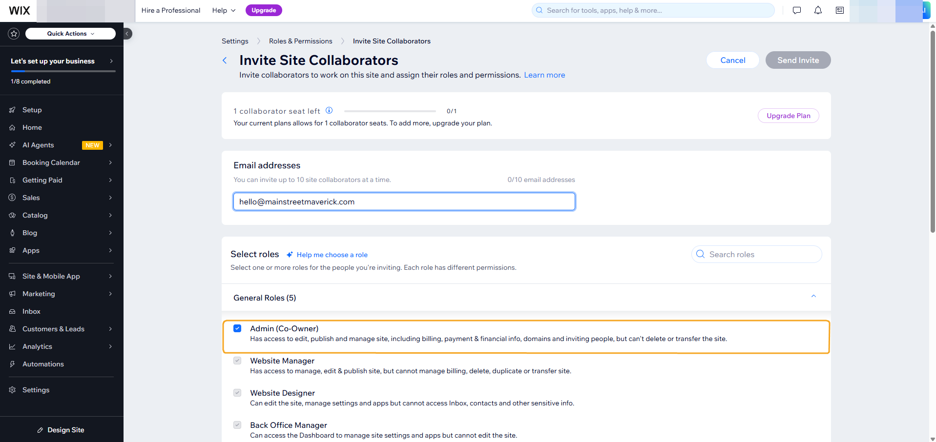 Wix Invite Site Collaborators form with the email entered and Admin Co-Owner role checked