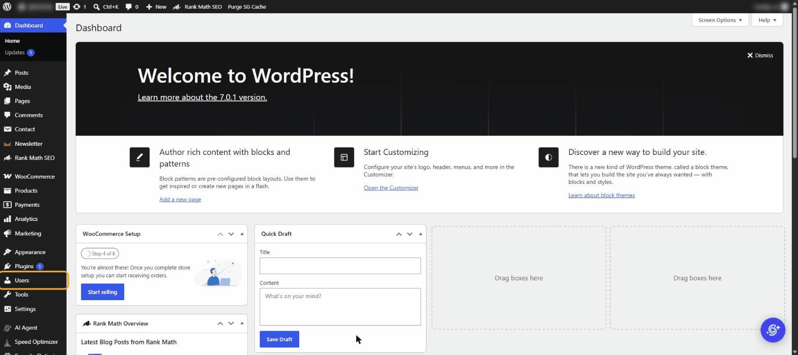 WordPress dashboard with the Users menu highlighted in the left sidebar