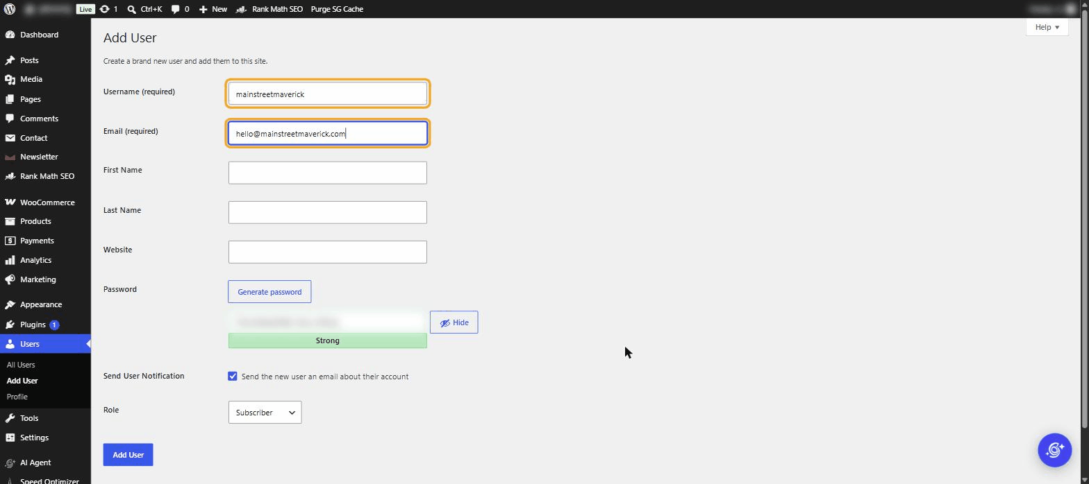 Add New User form with username and email fields filled in and highlighted