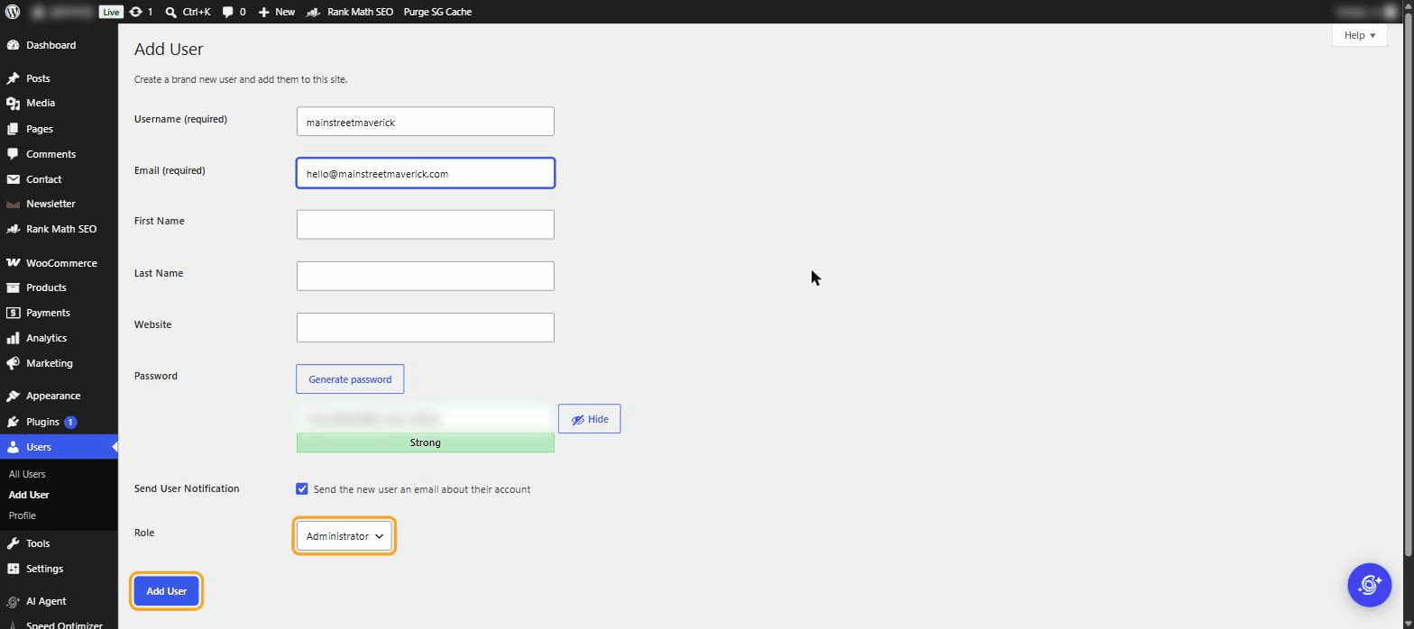 Role dropdown set to Administrator with Send User Notification checked and the Add New User button highlighted